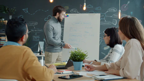 Team collaborating around a whiteboard in a modern office