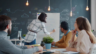 Team collaborating around a whiteboard in an office.