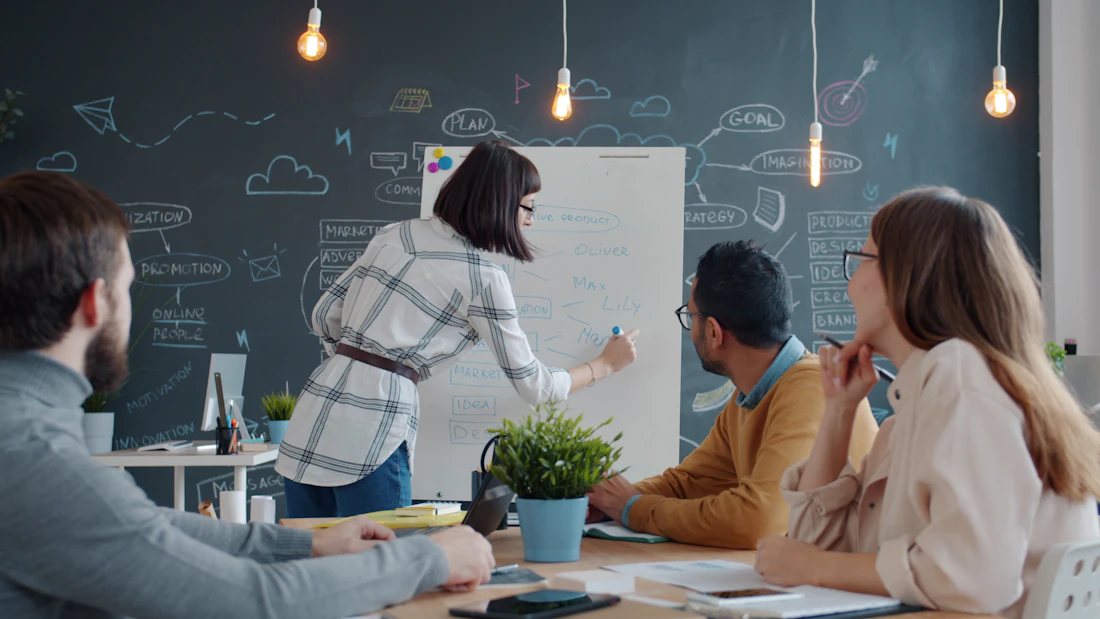 Team brainstorming at a whiteboard