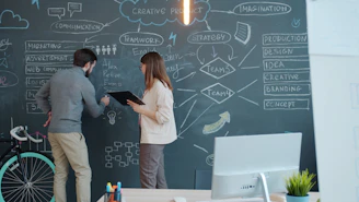 Two people brainstorming on a chalkboard wall.