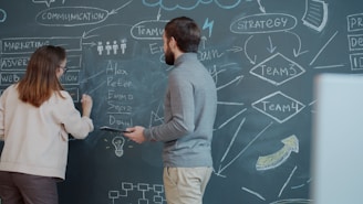 Two people planning on a chalkboard with diagrams.