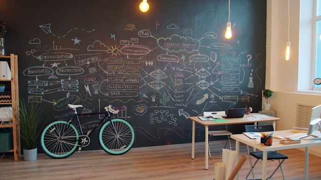 Office space with chalkboard art and bicycle