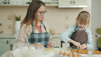 Mother and daughter baking together in a kitchen.