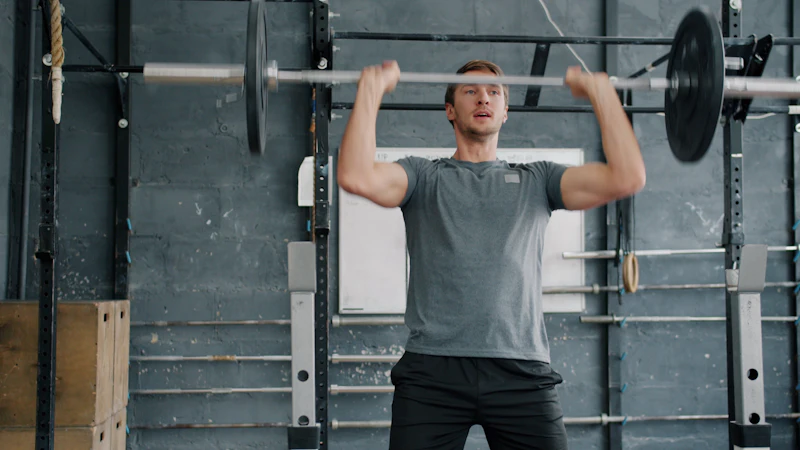 Man pressing a heavy barbell overhead in a gym