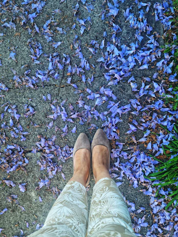 Feet standing on a path covered with purple flowers