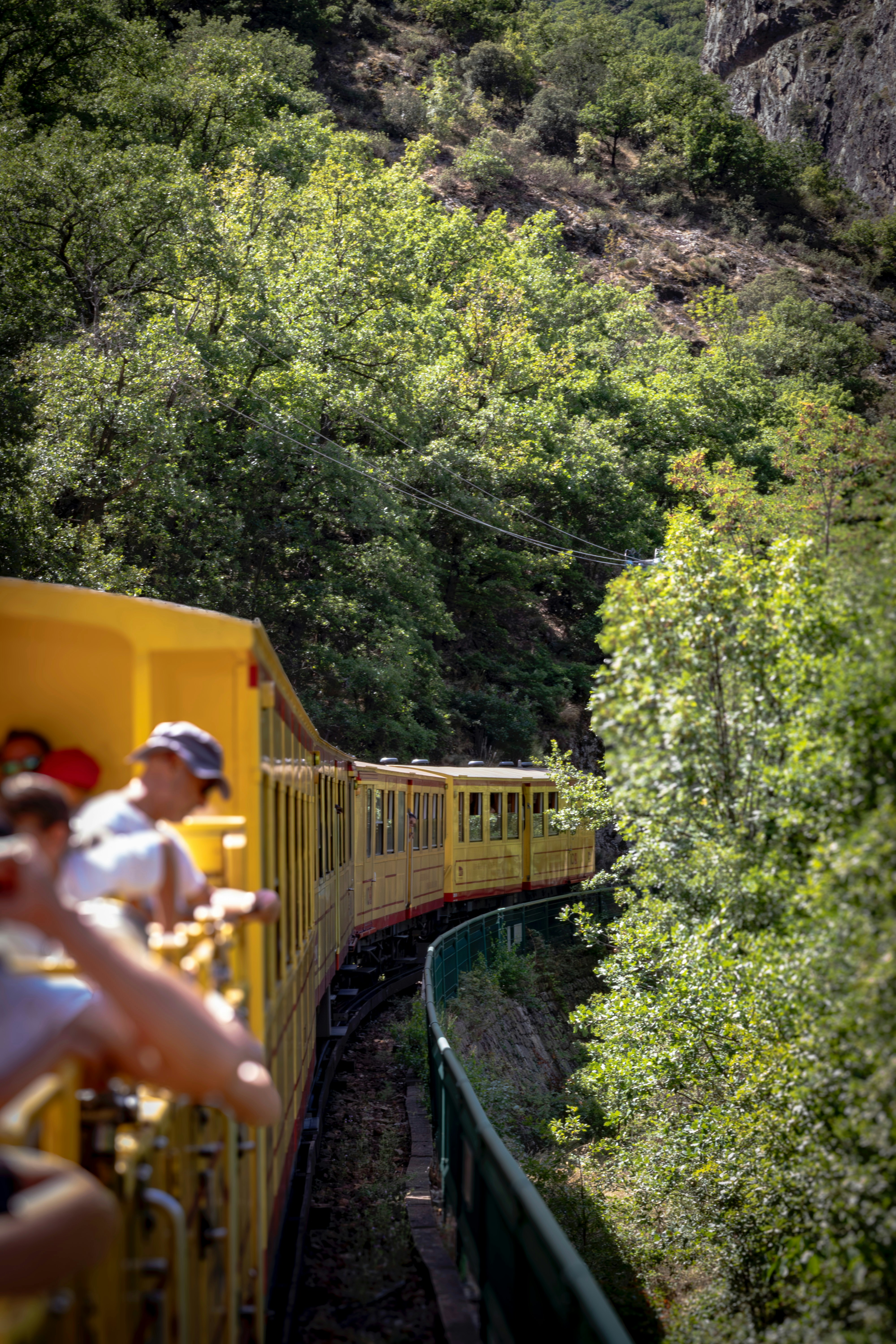 風光明媚な山道を走る黄色い電車。