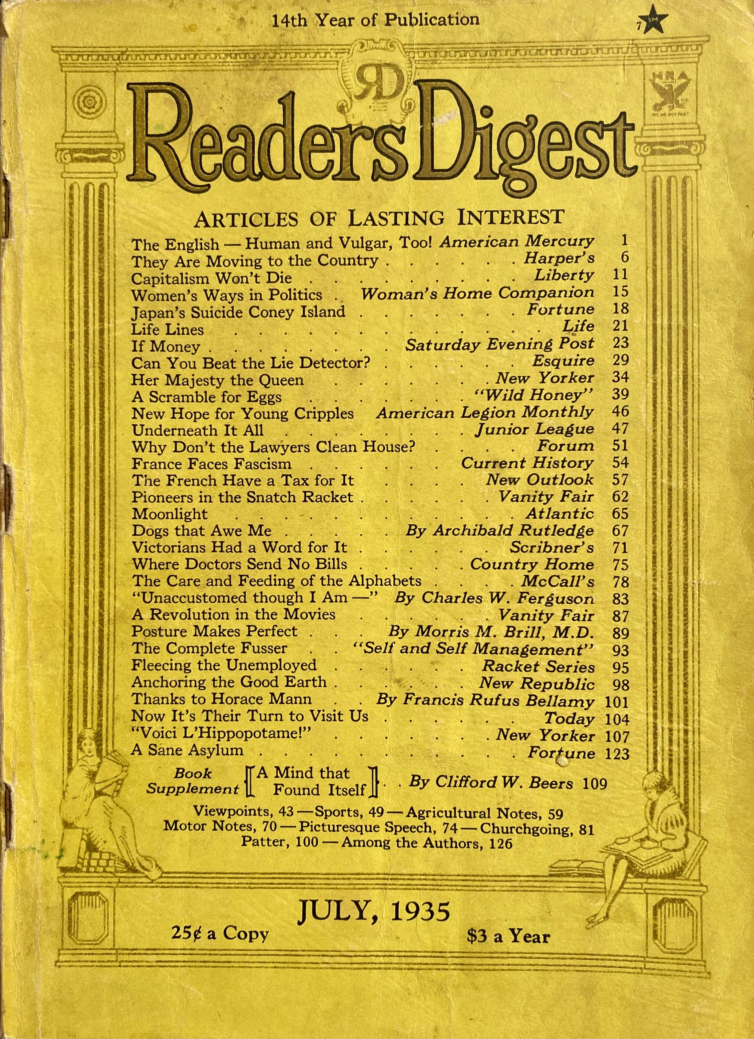 Vintage reader's digest magazine cover from july 1935