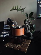 A yerba mate cup with a plant and buddha statue.