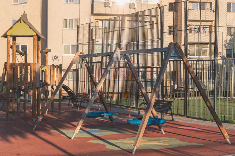 Wooden playground and climbing structure for outdoor learning