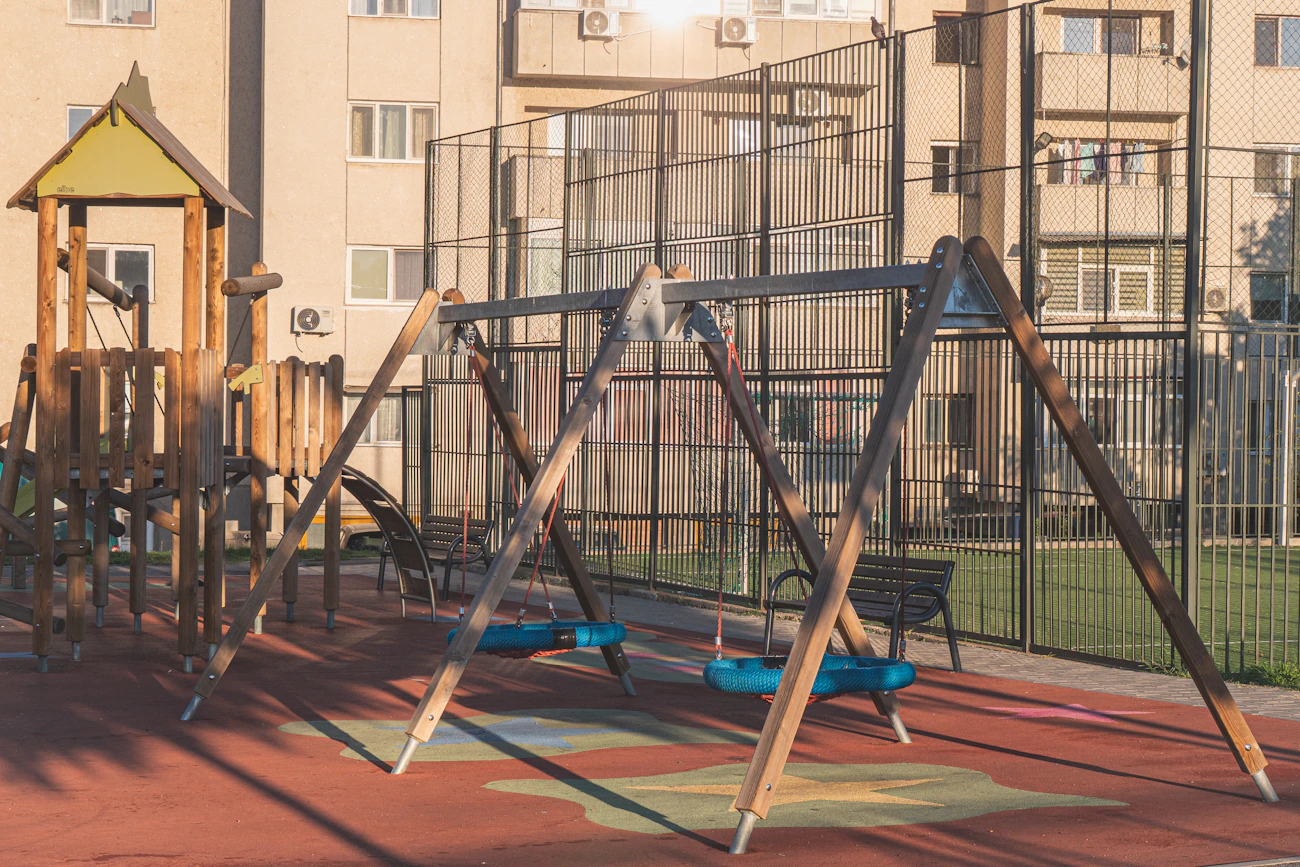 Wooden playground structure built for robust outdoor play