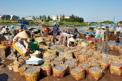 Fishermen unloading baskets of fish at a busy market.