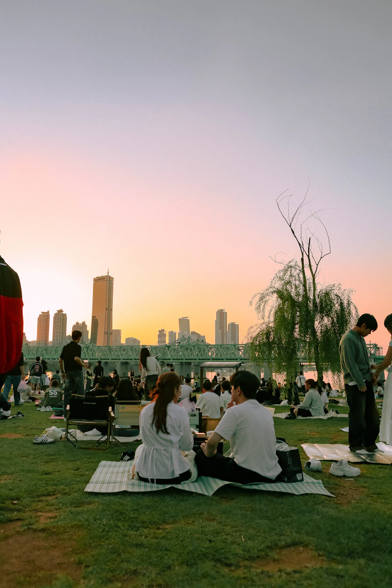 Visitors sitting on the grass beside the Han River at sunset in Seoul.