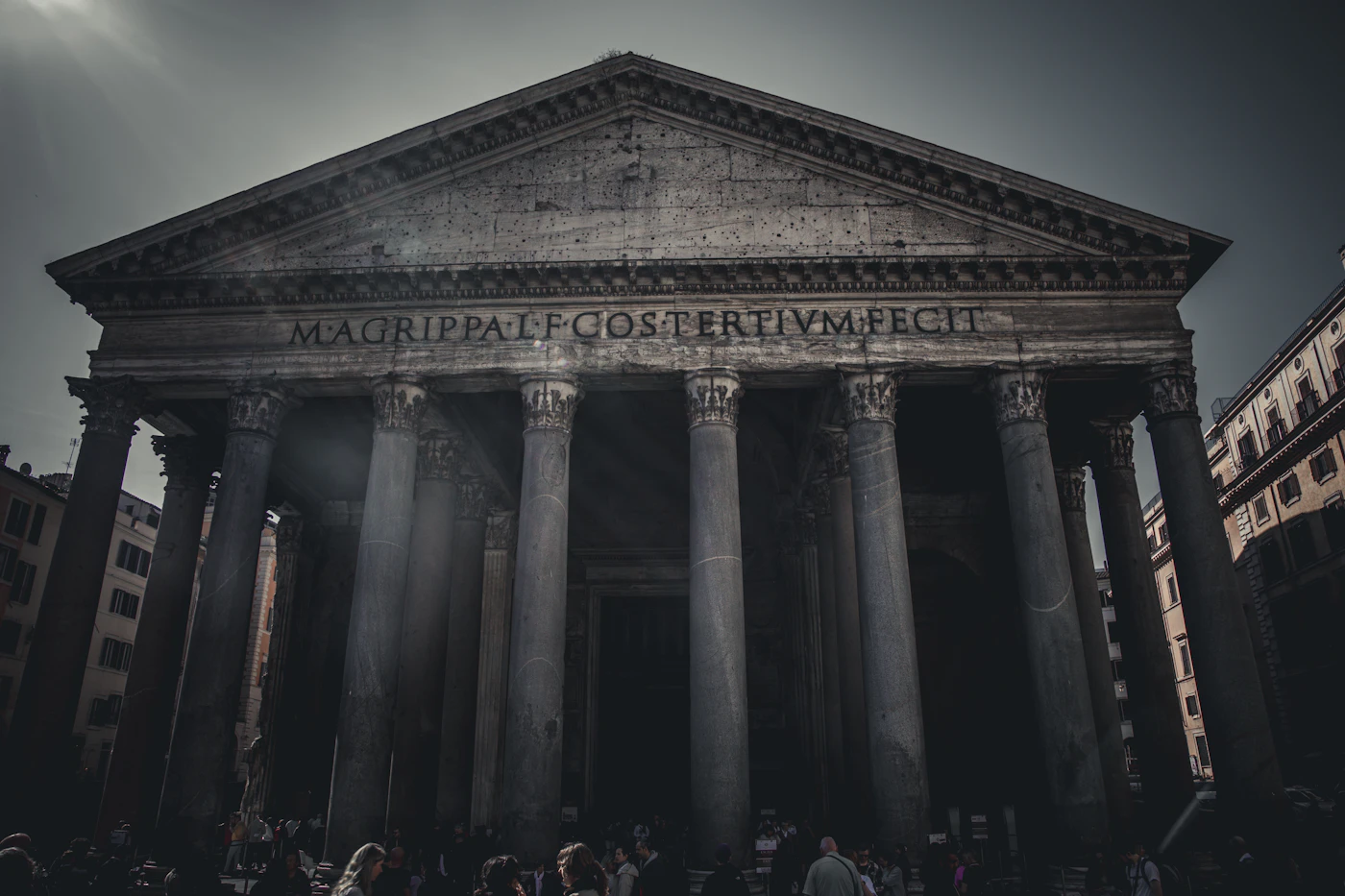 The ancient Roman Pantheon with its grand columned facade