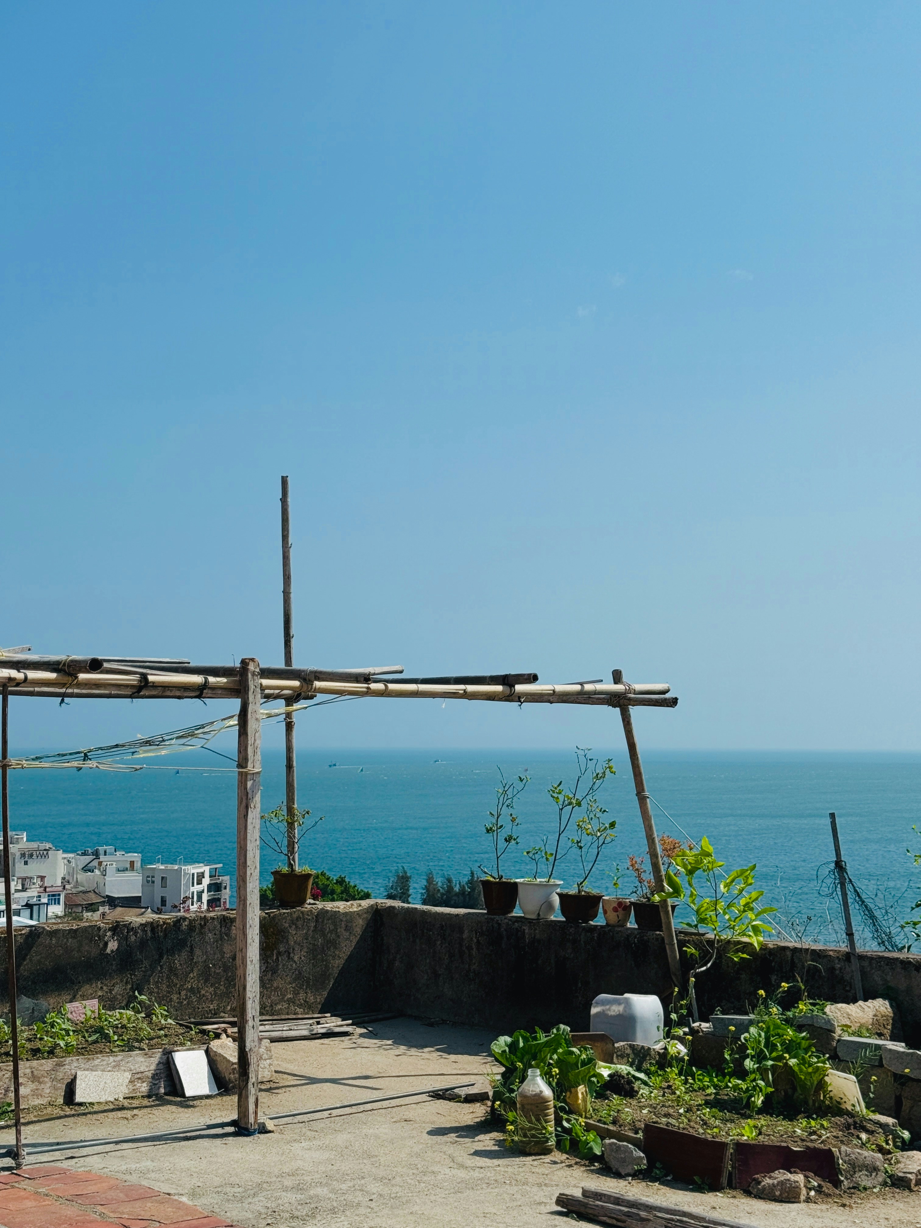 Dachgarten mit Blick auf das Meer unter klarem Himmel.