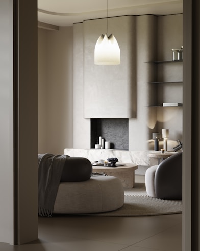 Modern living room with fireplace and stylish furniture