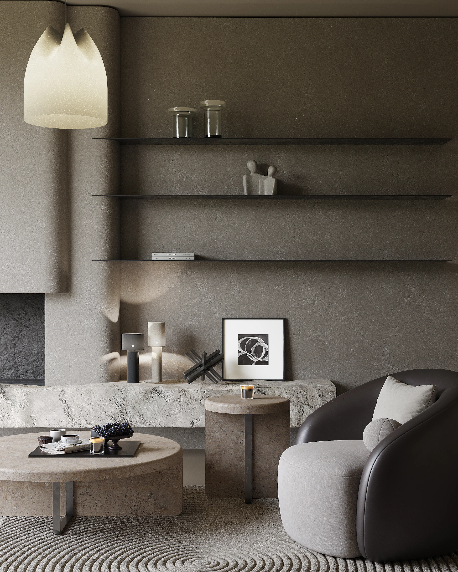 Modern living room with minimalist decor and abstract art.