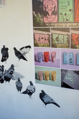 Pigeons painted on a wall next to posters and tubes