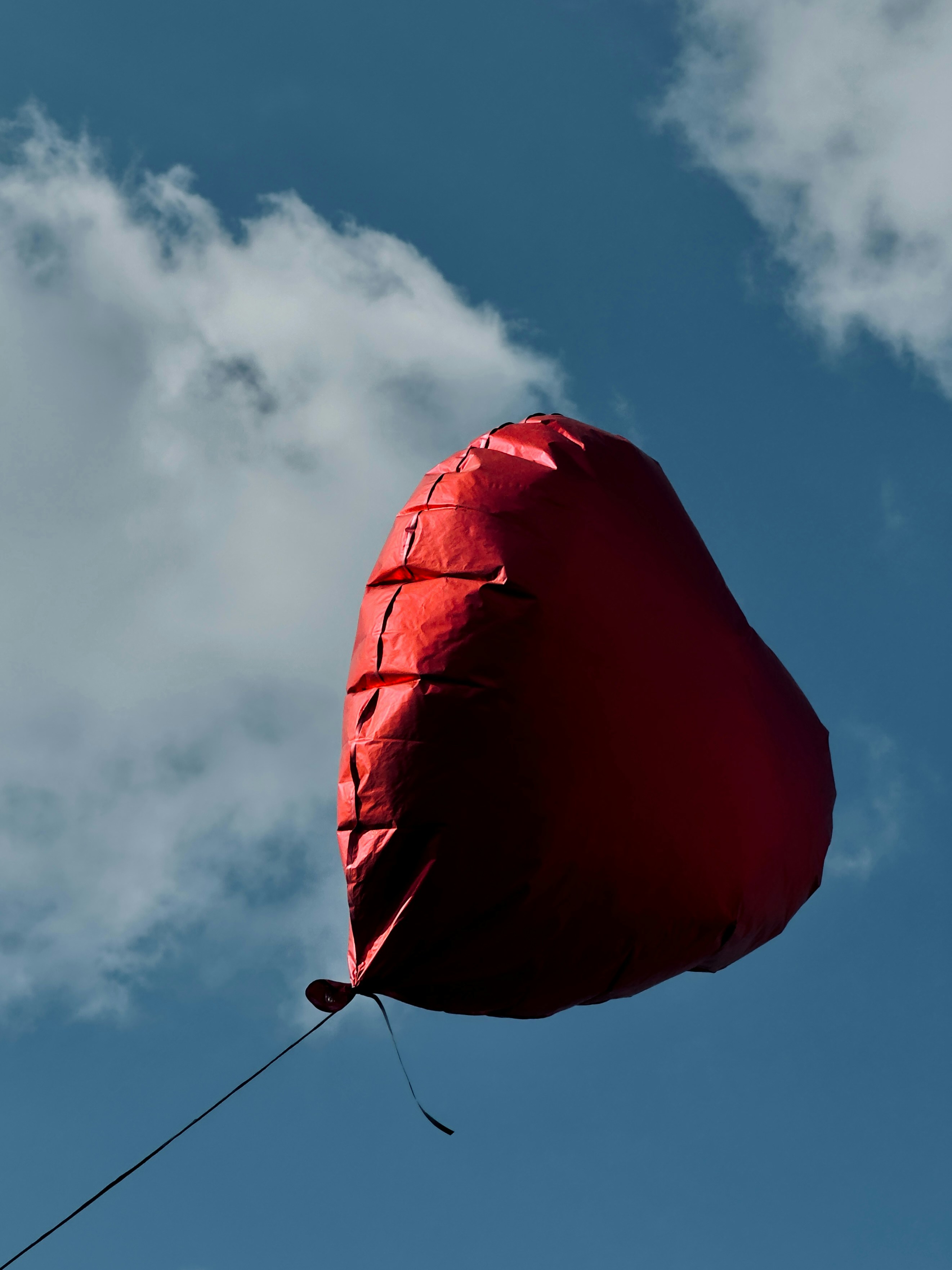 A red heart-shaped balloon floats in the sky.