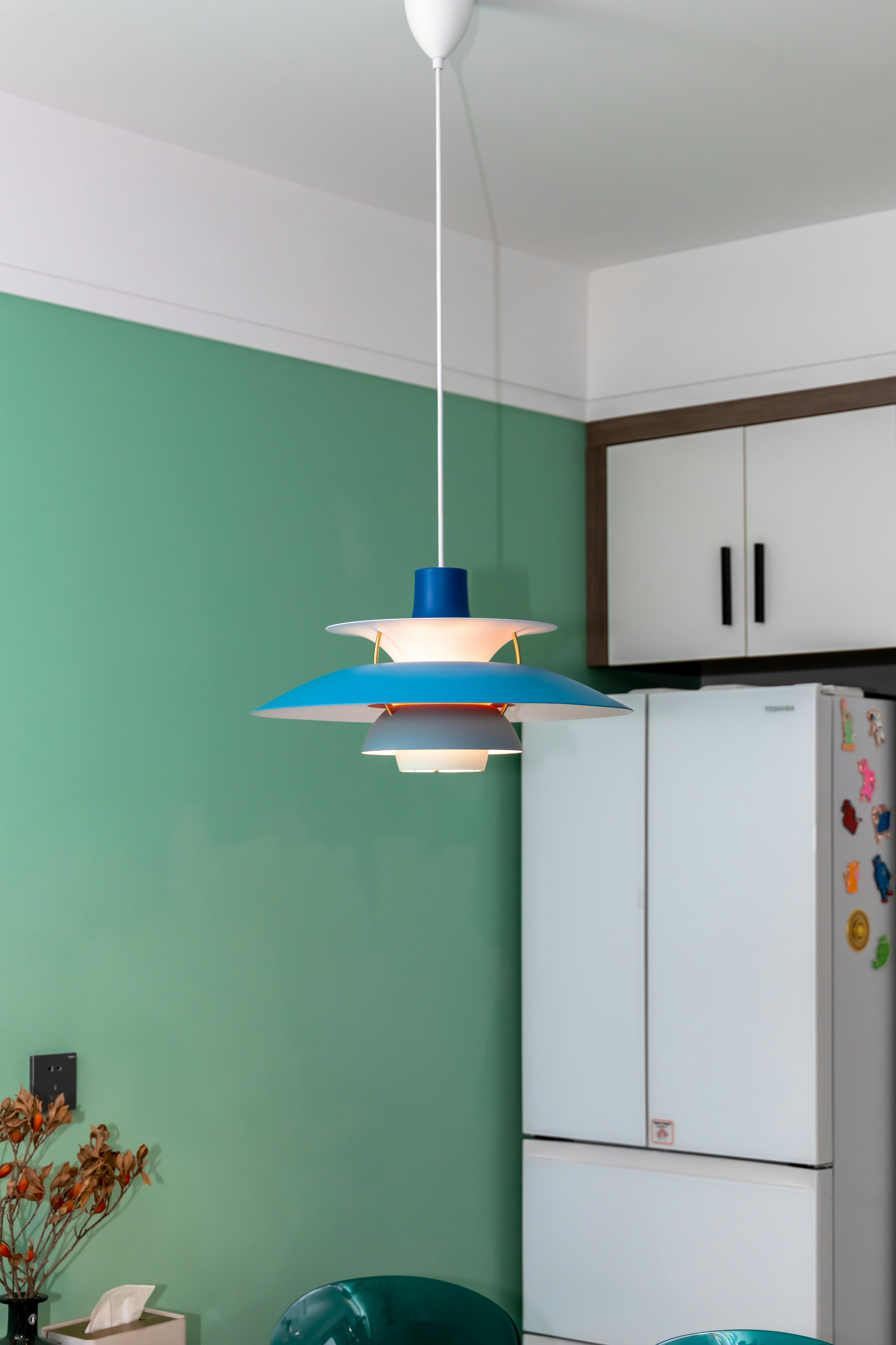 Modern pendant light hangs above a refrigerator.