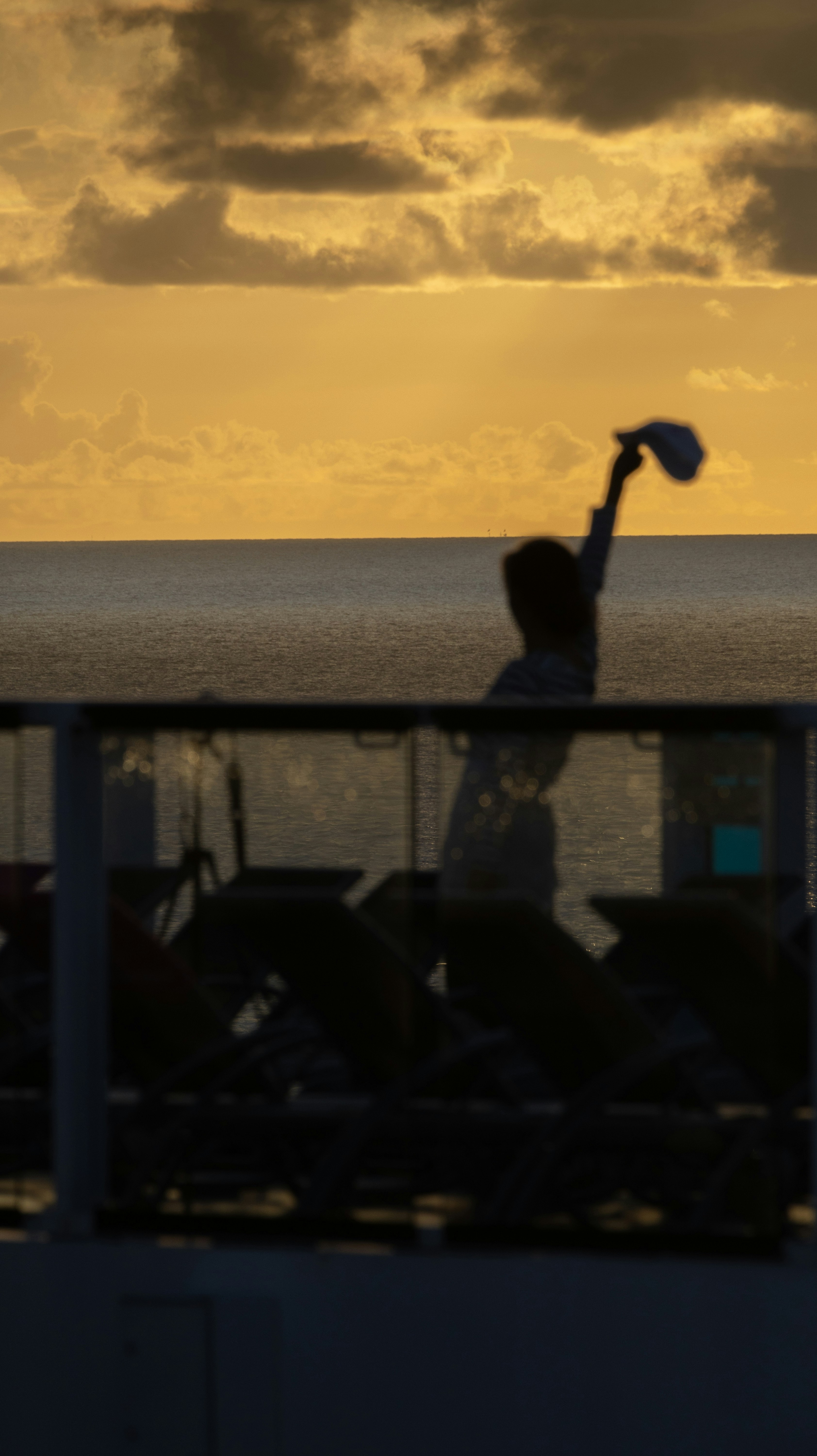 Silhouette of a person waving a hat at sunset.
