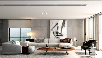 Modern living room with sectional sofa and artwork