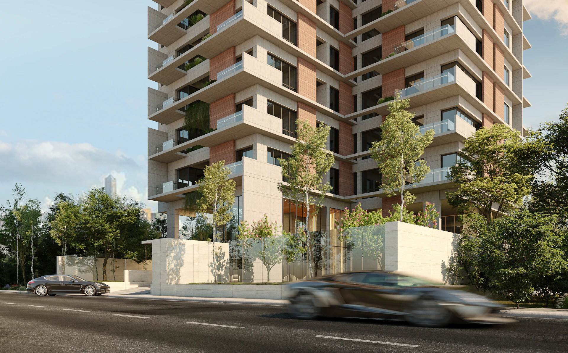 Modern apartment building with cars on street