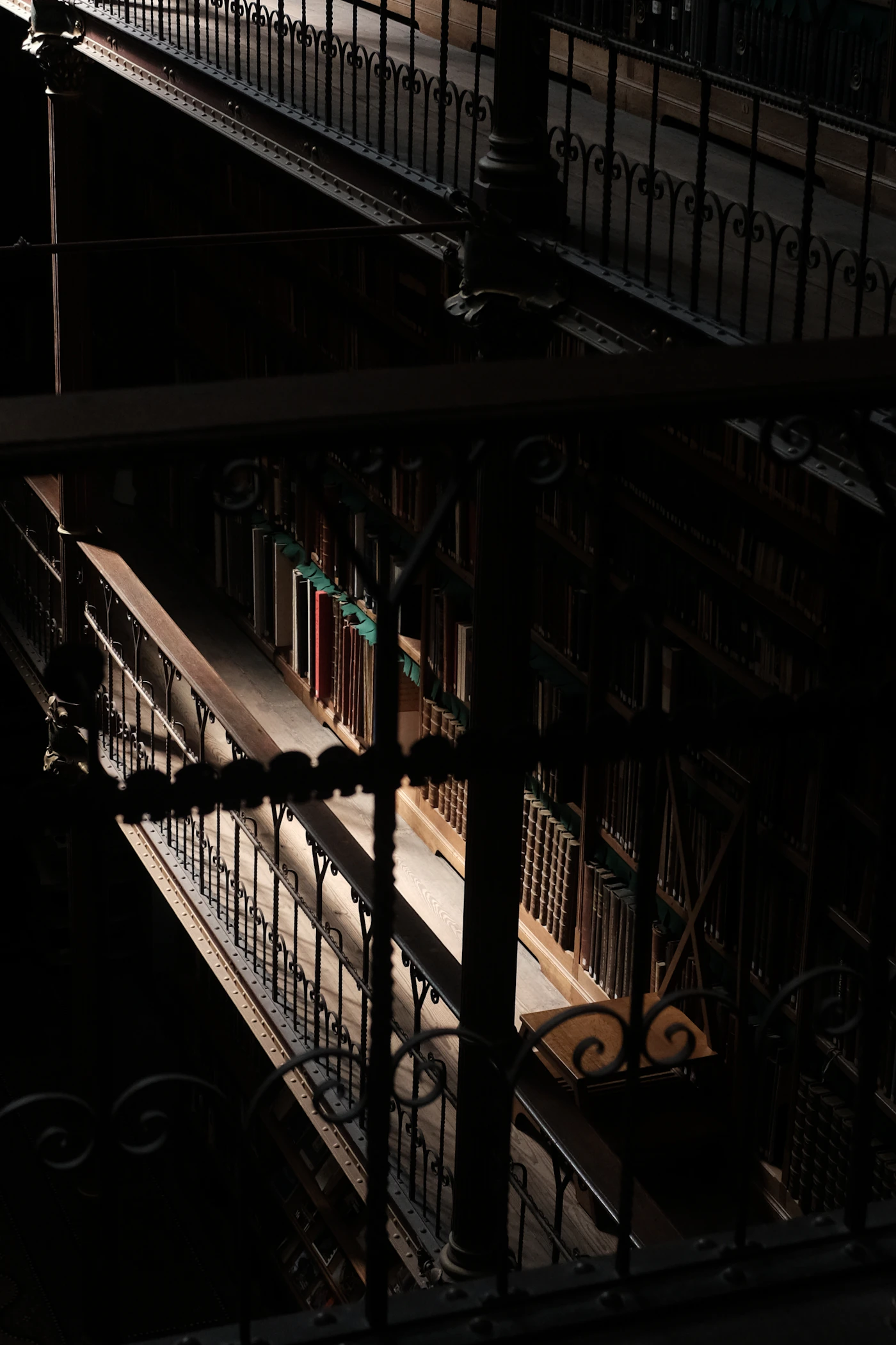 Sunlight illuminating bookshelves in a dark library