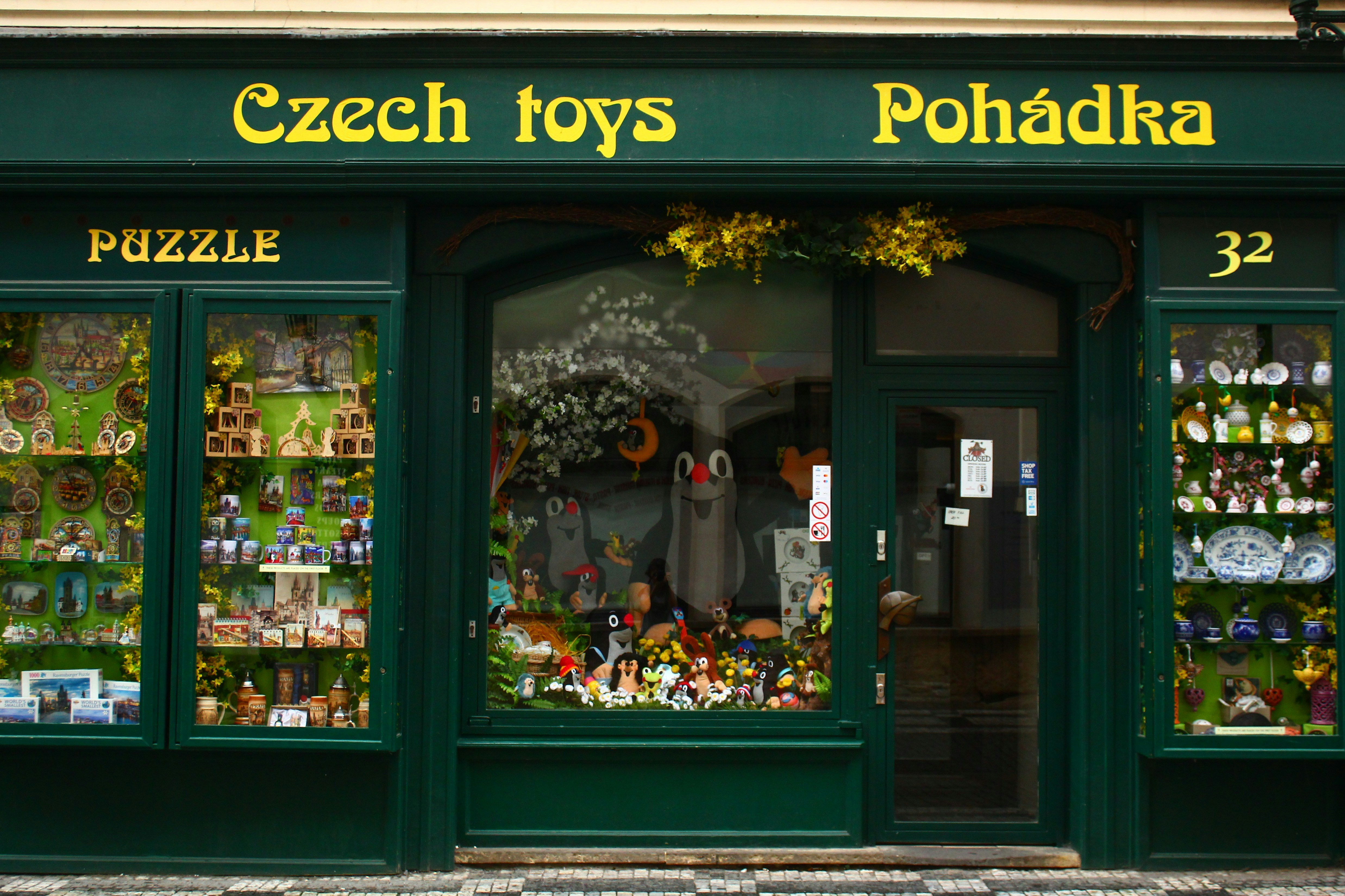 Czech toys and puzzles shop storefront display