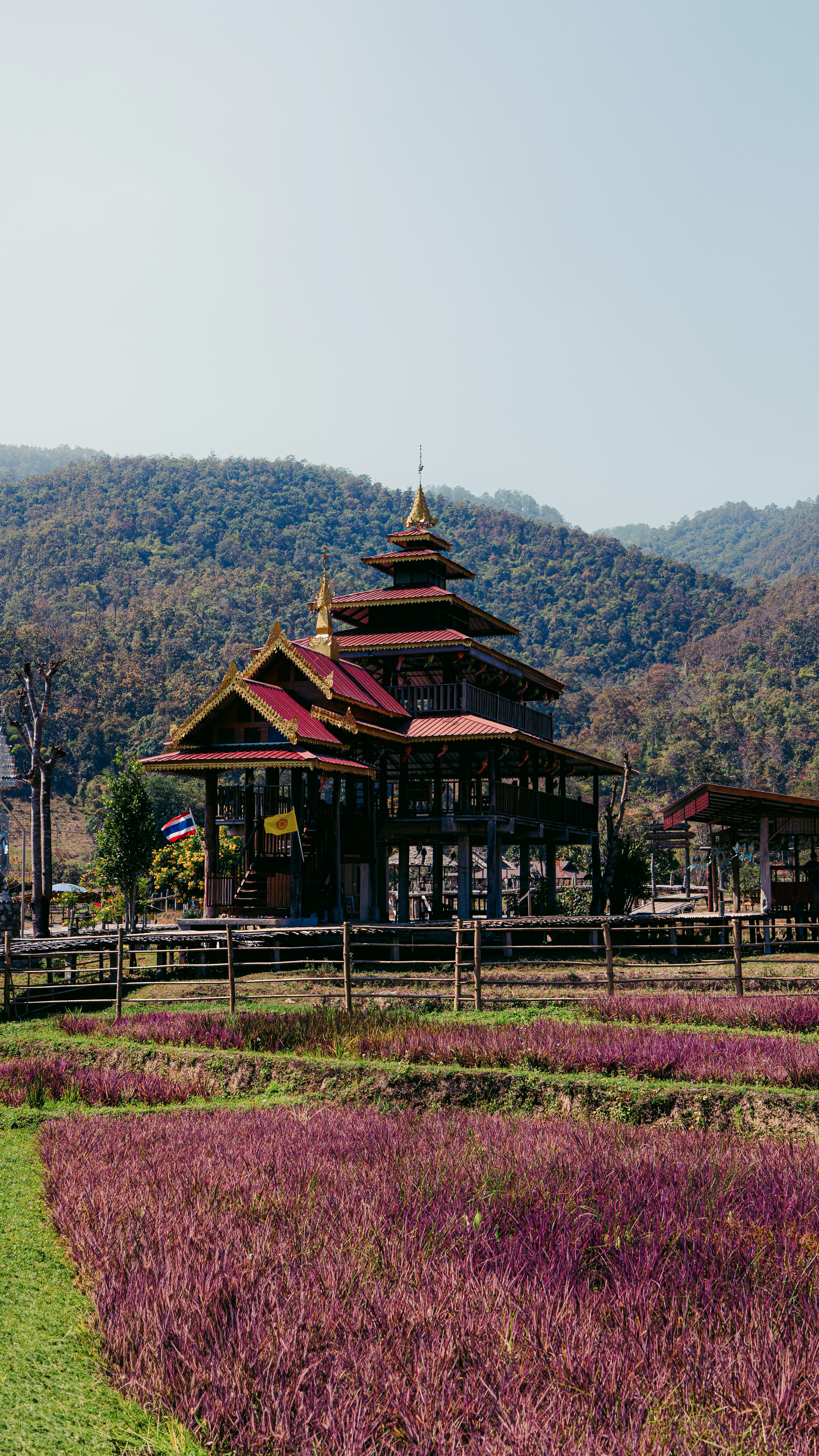 Tiered temple structure amidst purple flower fields and mountains.