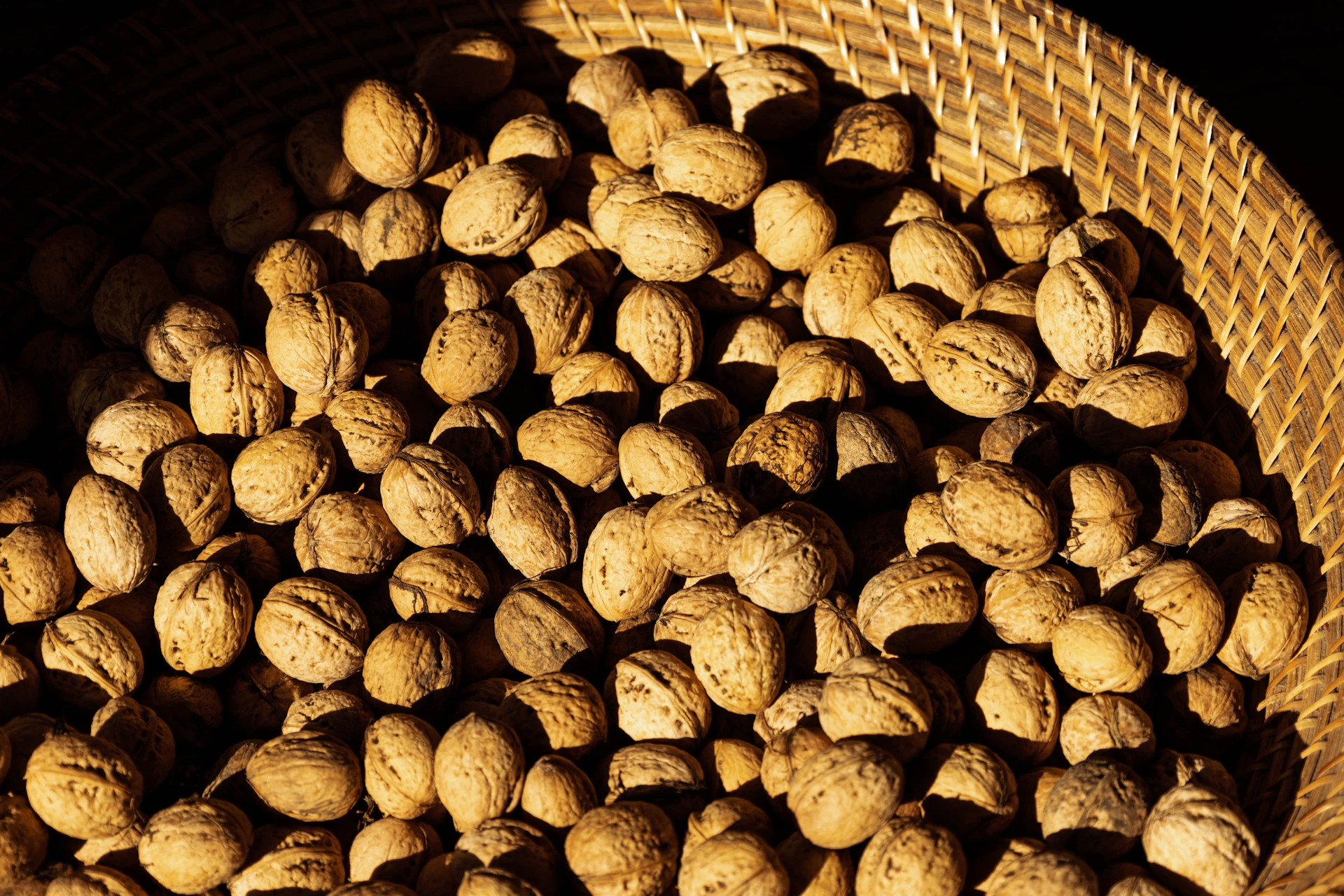 A basket overflowing with fresh walnuts.