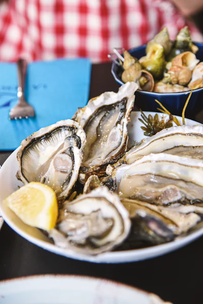 Fresh oysters on ice with lemon wedges and garnish on a plate