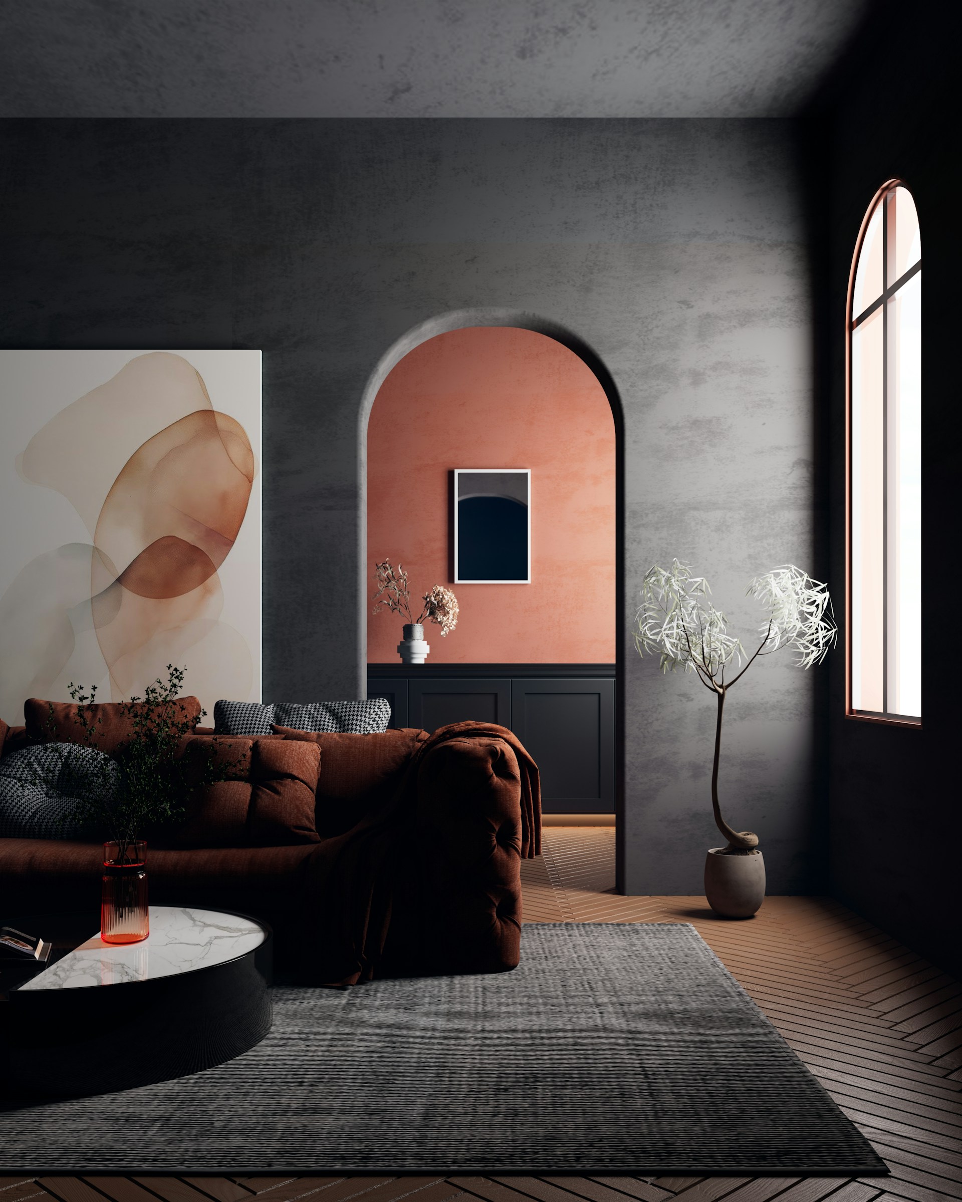 Modern living room with arched doorway and abstract art.