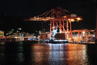 Large industrial cranes at a harbor at night.