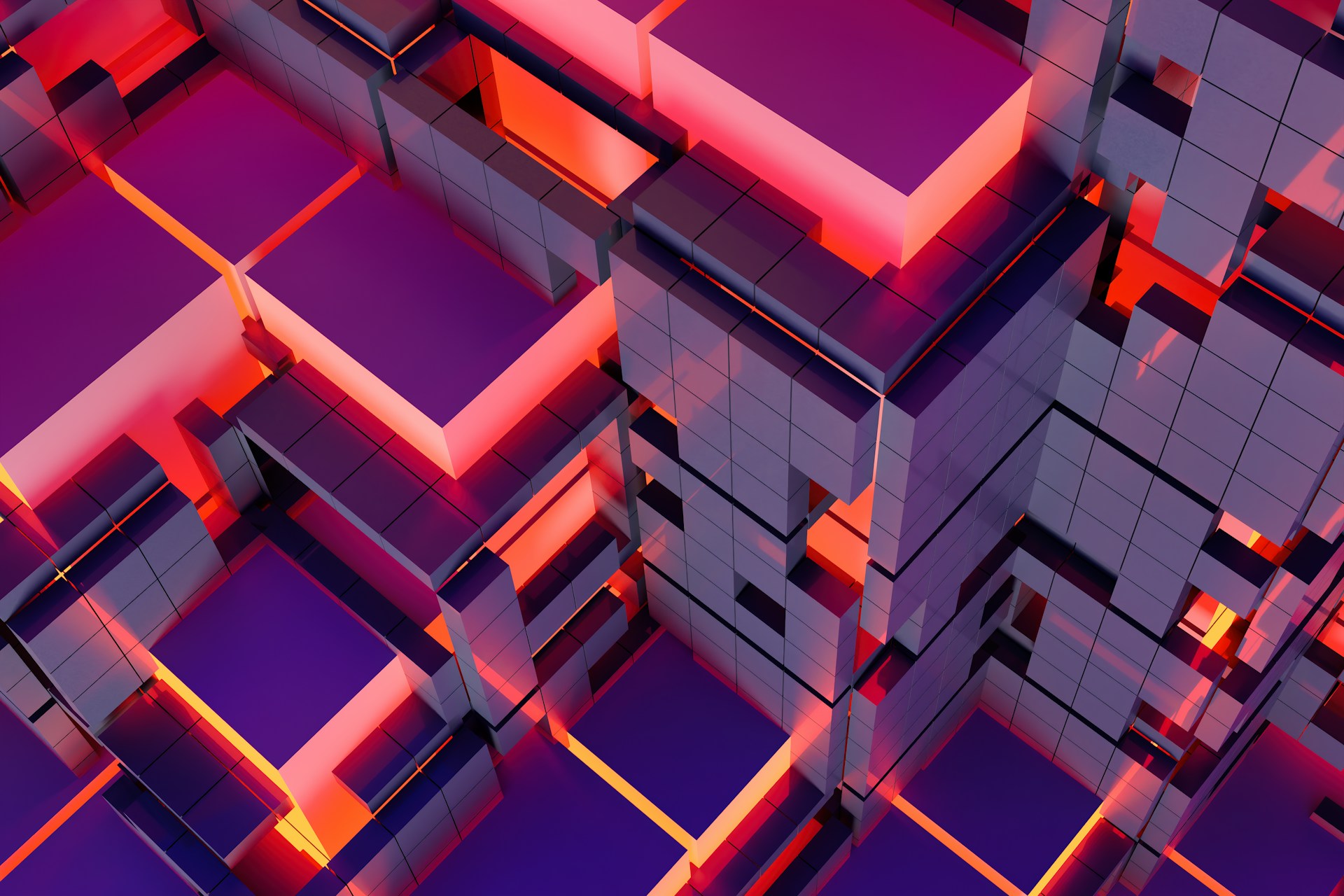 Abstract geometric shapes with glowing red and purple lights.