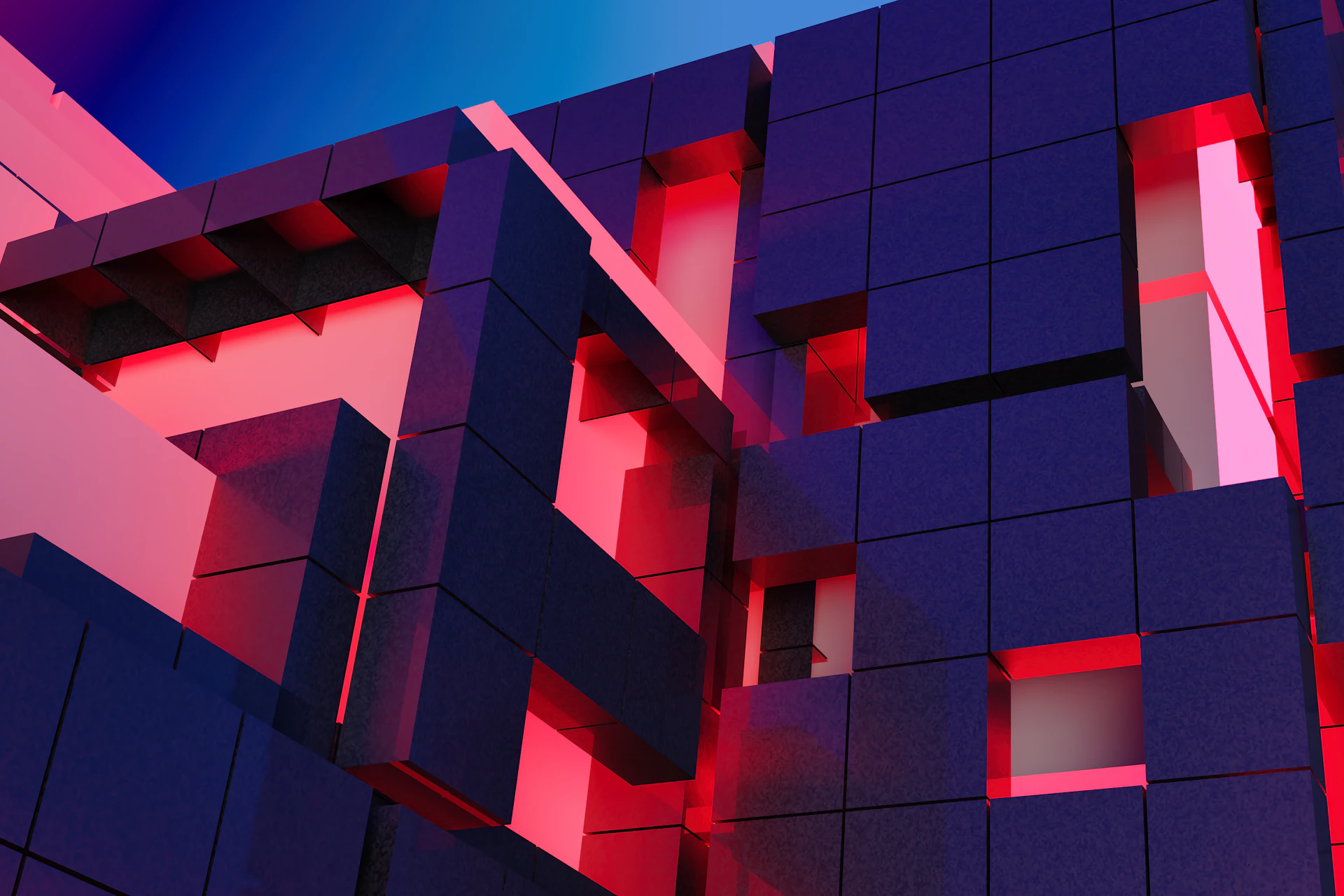 Abstract architectural structure with red lighting accents.