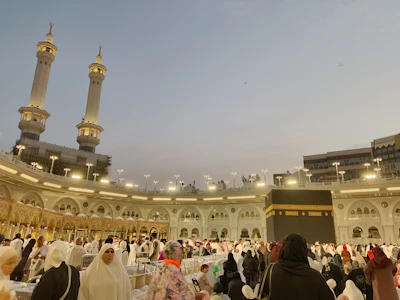 Pilgrims gather at the kaaba in mecca, saudi arabia.