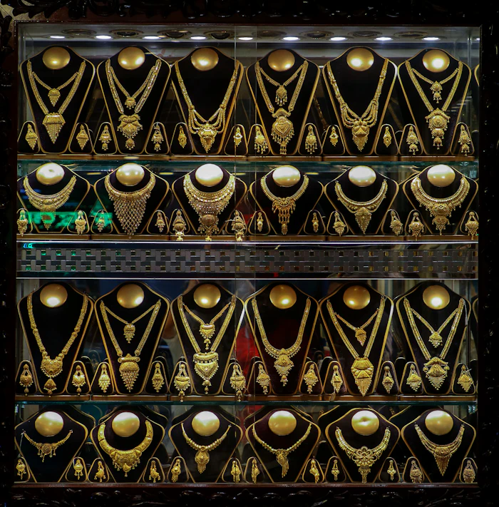 Jewellery-shop display window with four shelves of gold necklace and earring sets on black velvet busts