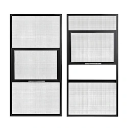 Two modern black framed windows with white screens