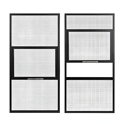 Two modern black framed windows with white screens