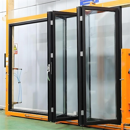 Modern black framed folding glass doors installed