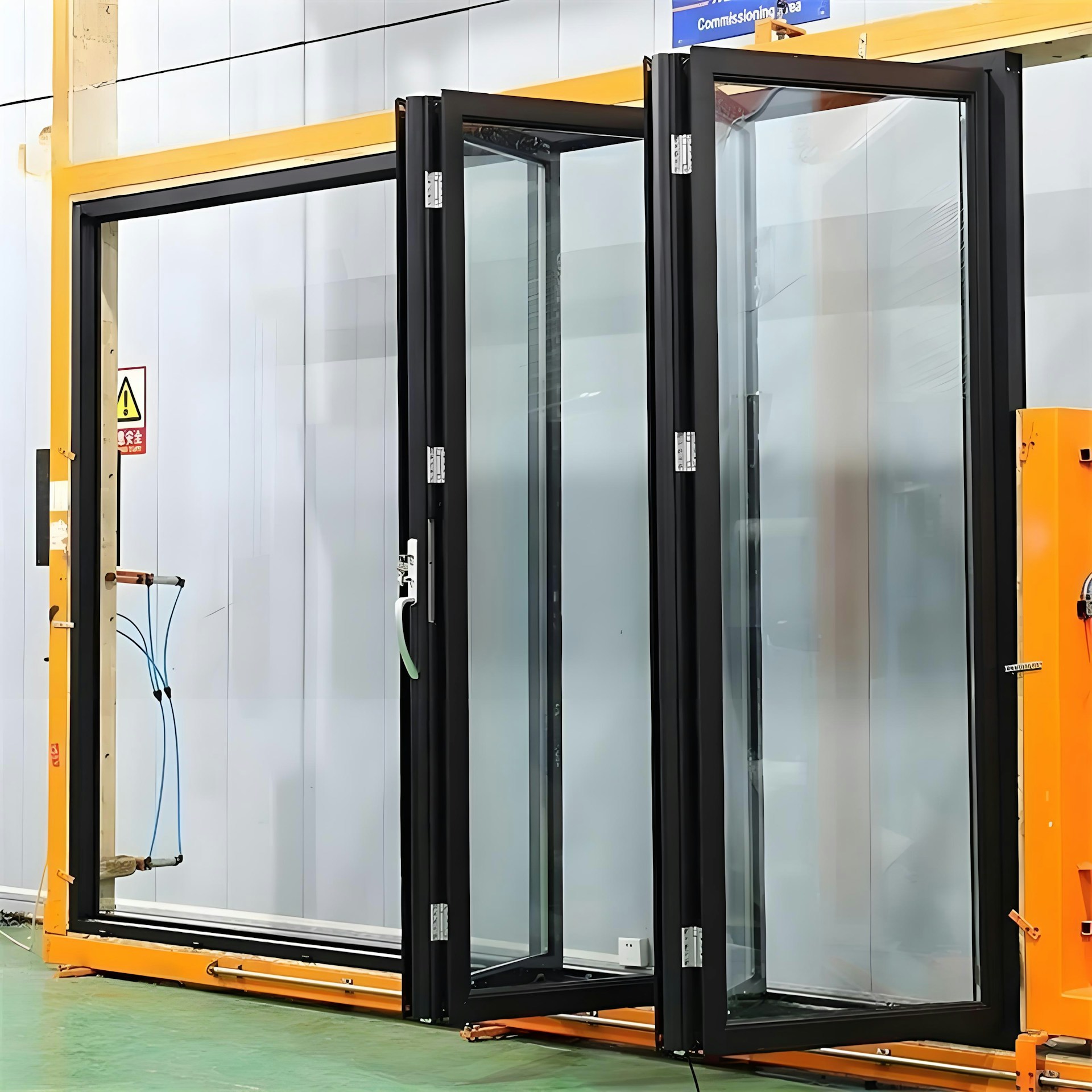 Modern black framed folding glass doors installed