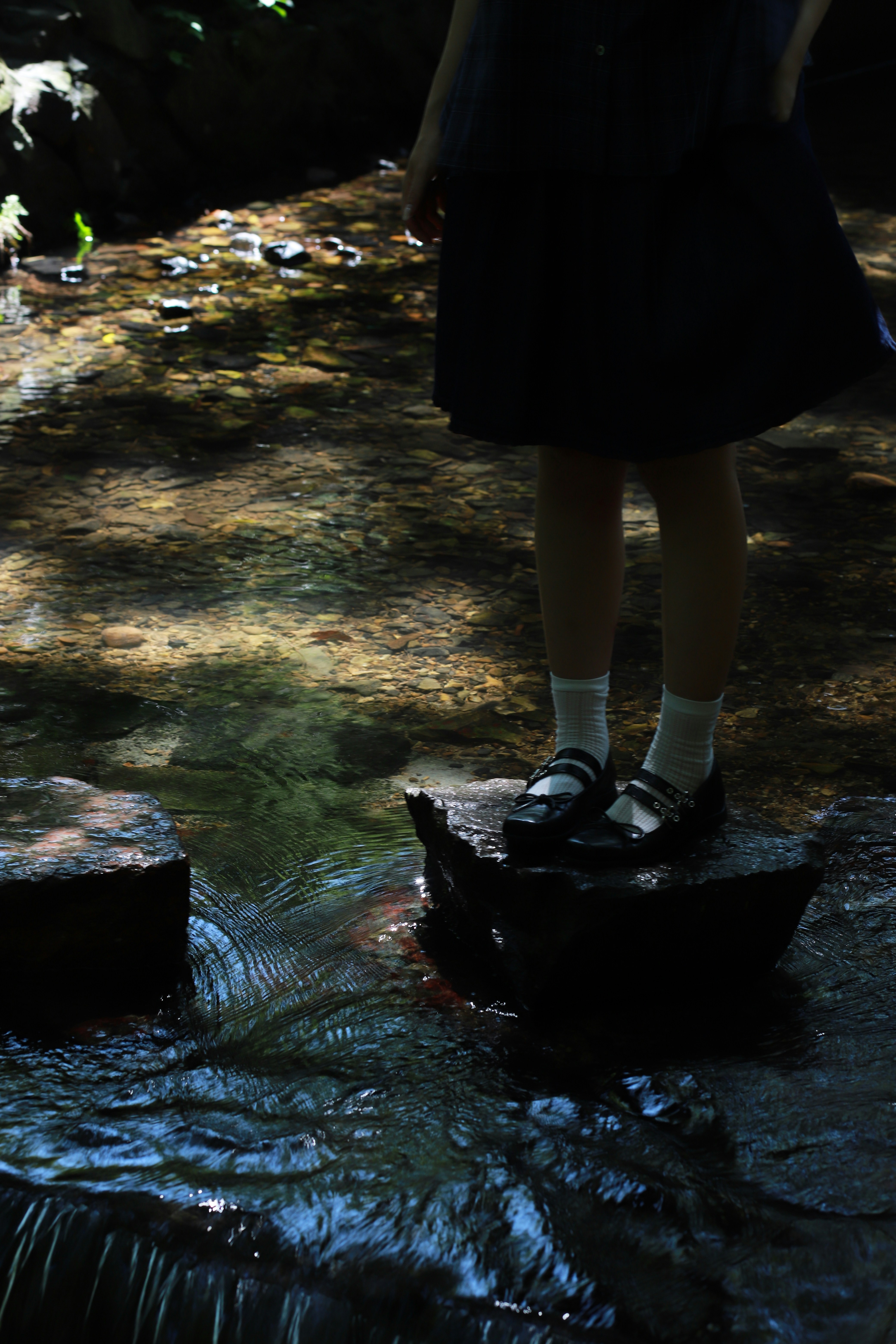 Child stands on rocks in a shallow stream.