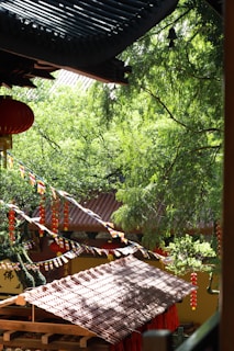Traditional temple rooftops with prayer flags and lanterns.