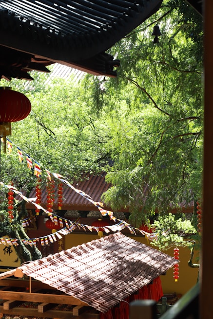 Traditional temple rooftops with prayer flags and lanterns.