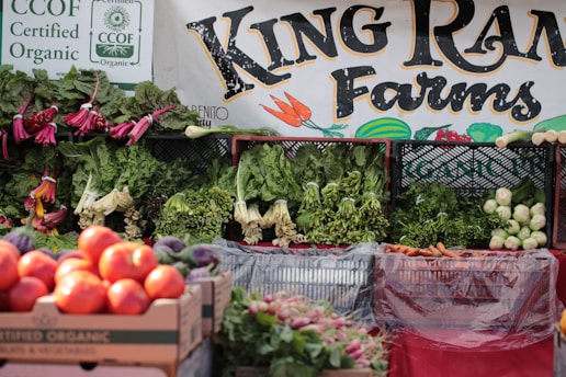 Fresh organic produce displayed at king ranch farms stand.