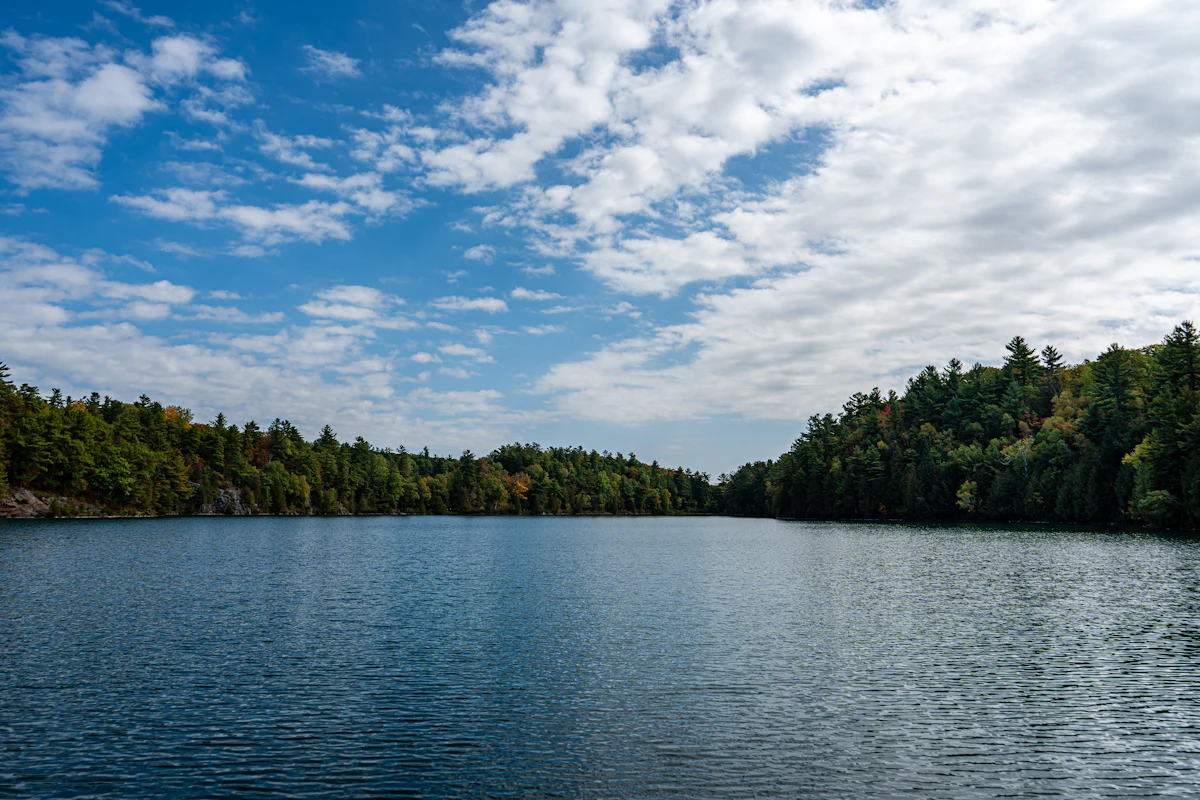 Lac calme entouré de conifères au parc de la Gatineau