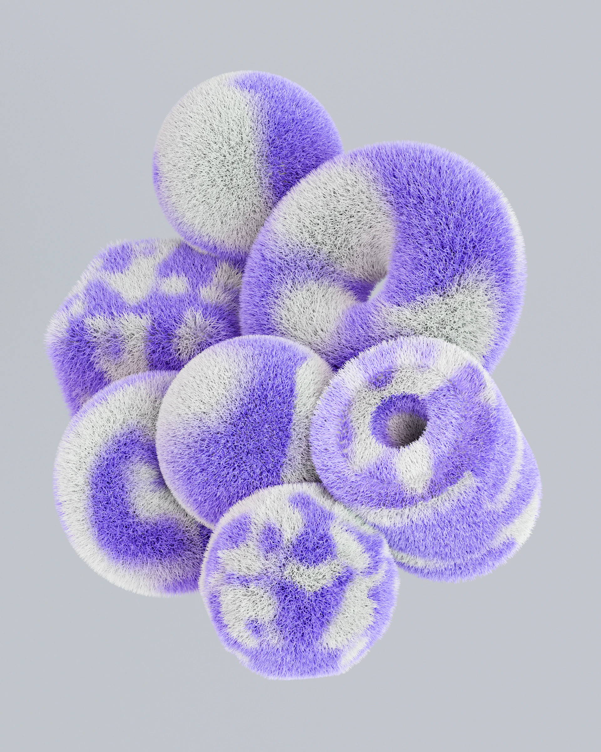 Fluffy abstract shapes with purple and white patterns.
