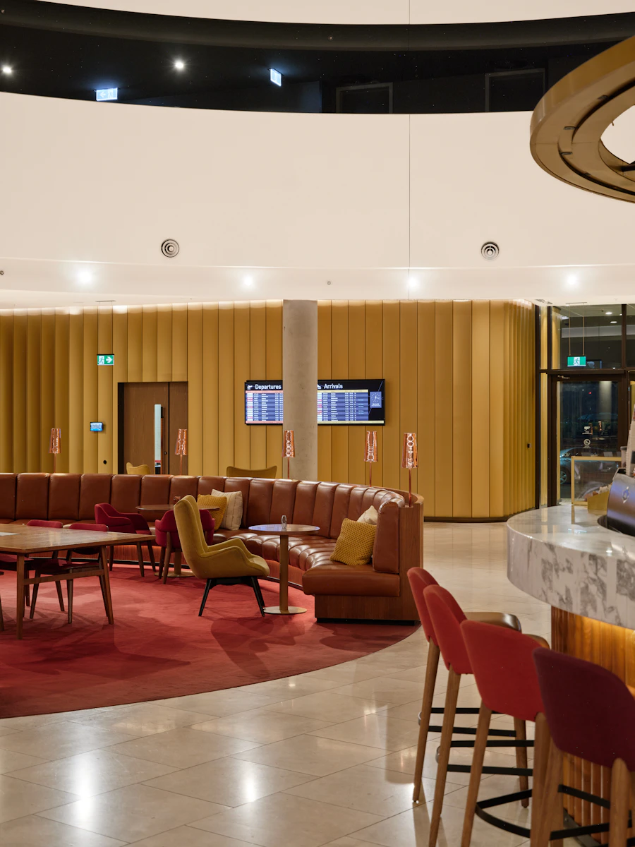 A refined airport lounge with comfortable seating