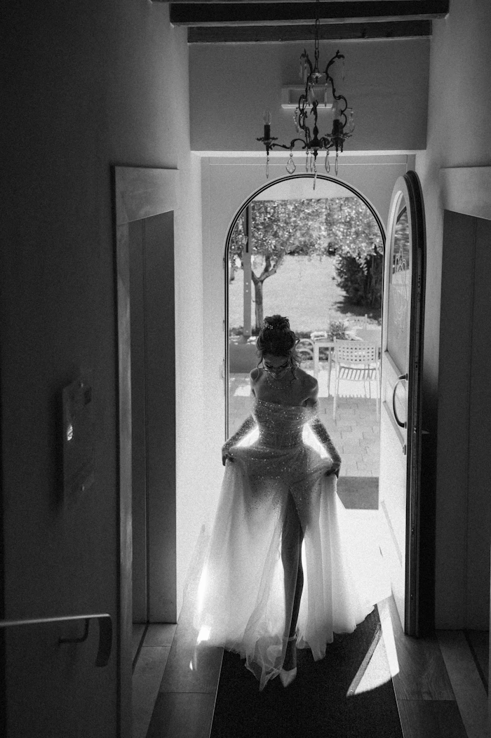 Stock photo: full-length gown near garden ground — hem and movement (illustrative only)