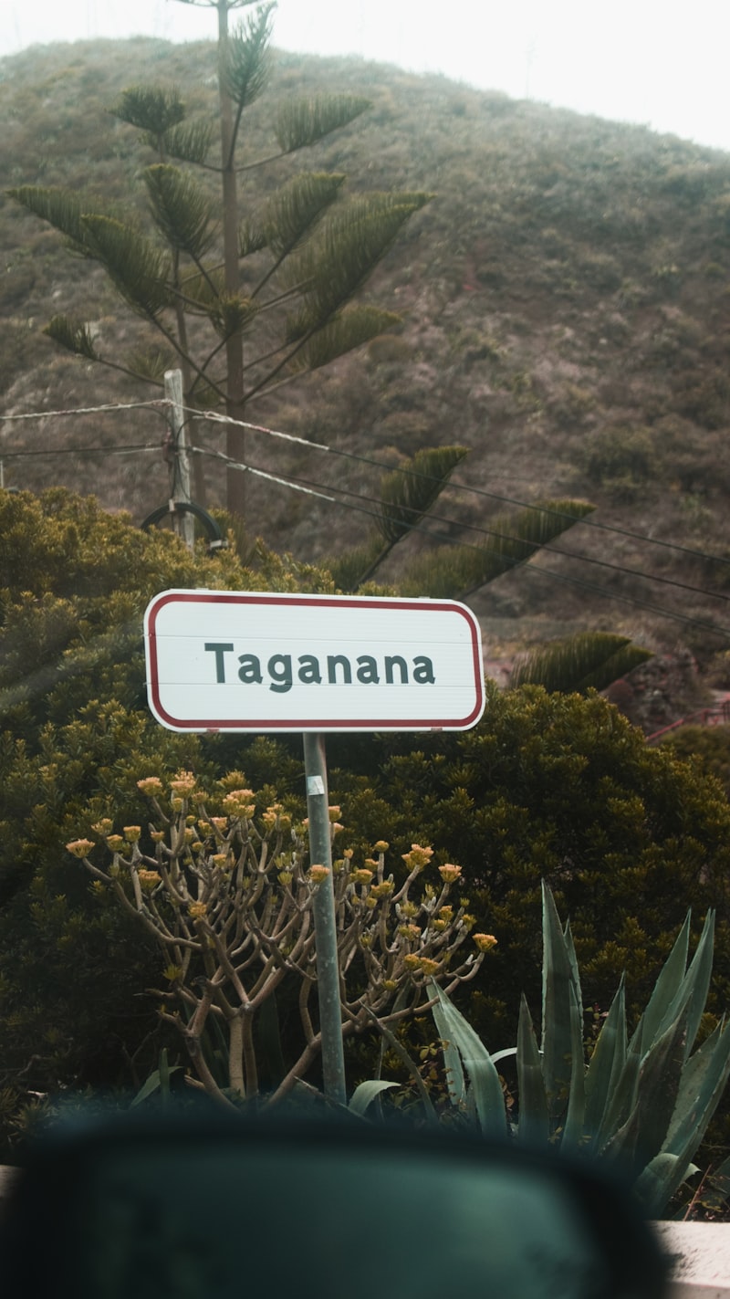 Letrero de Taganana con exuberante vegetación verde y colinas.